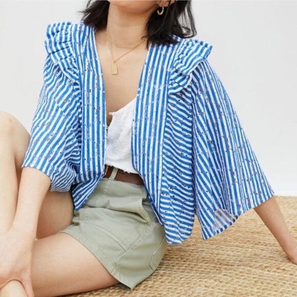 Anthropologie Cardigan Nautical Stripe Ruffle Floral Eyelet Lace Blue Size OS - Picture 1 of 11